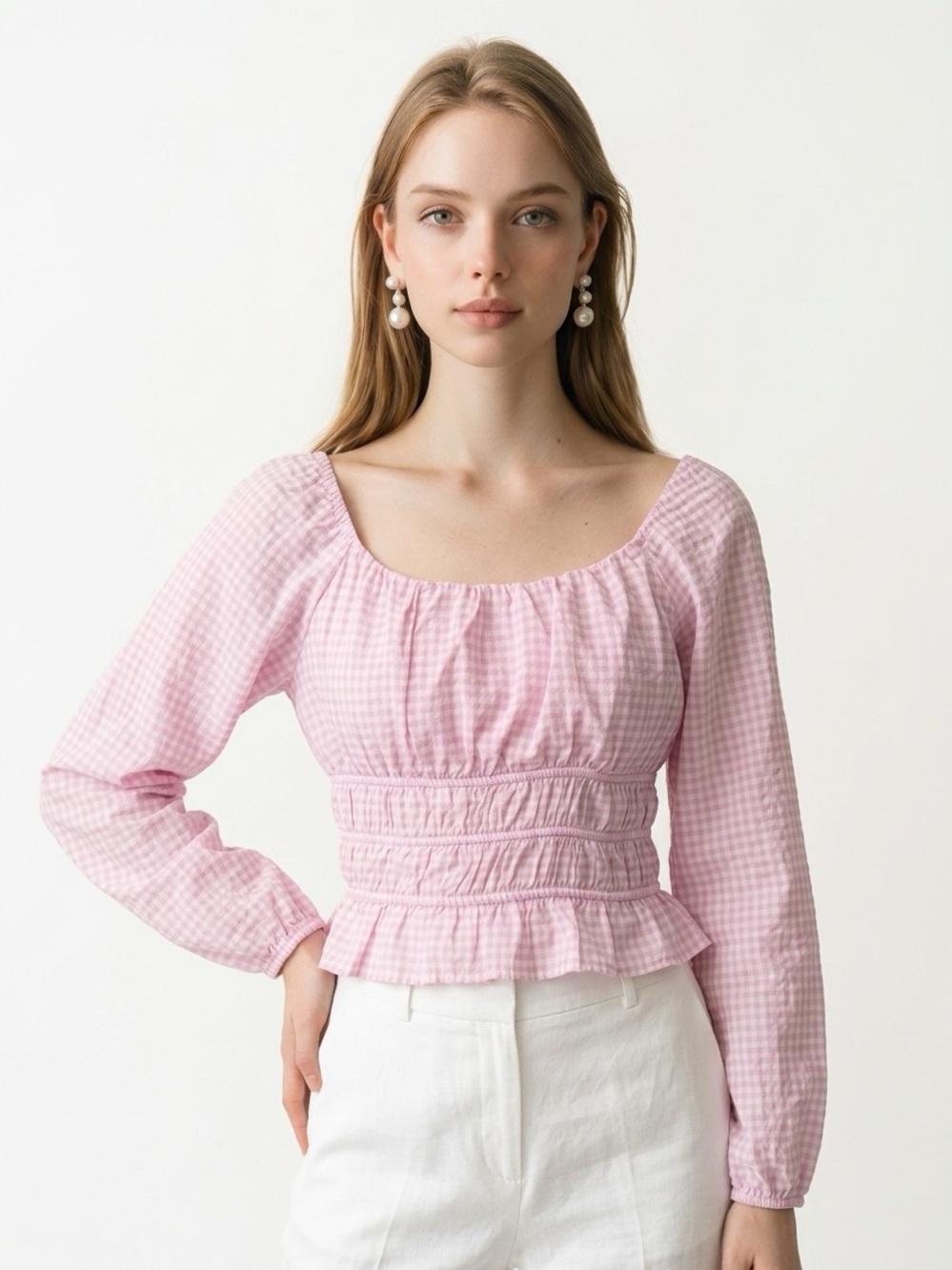 art class Light Pink Gingham Smocked Peasant Top 306
